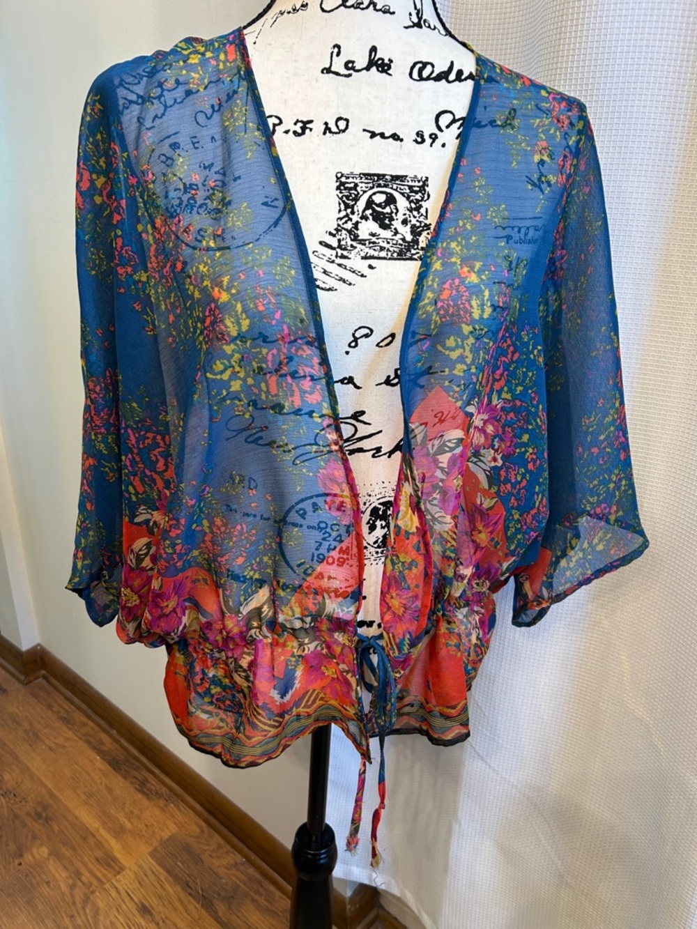 august silk Blue Floral Sheer Kimono